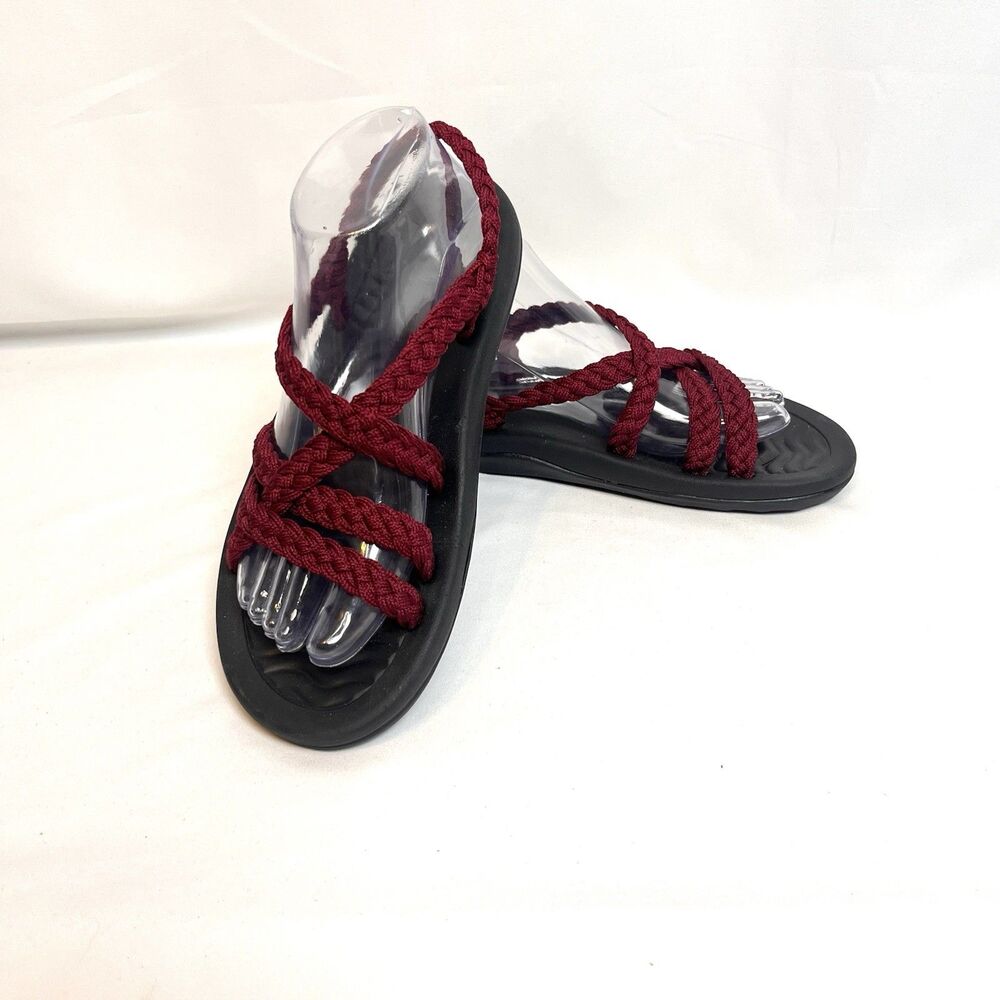 Megnya Women’s Rope Sandals Size 10 Black Burgundy Braided Comfort Sport Slides